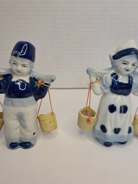 Vintage Japanese Dutch Boy & Girl Porcelain Bisque Figurines Circa 1940's-1950's